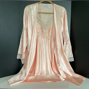 Madison Studio Satin Chemise and Robe Set in Soft Peach